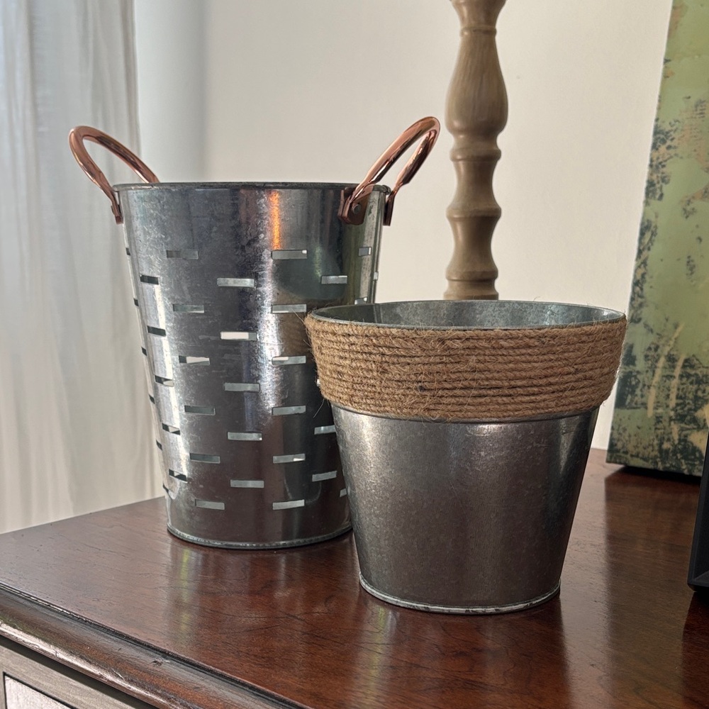 Set of 2 silver buckets | copper handles | twine accent | farmhouse rustic decor